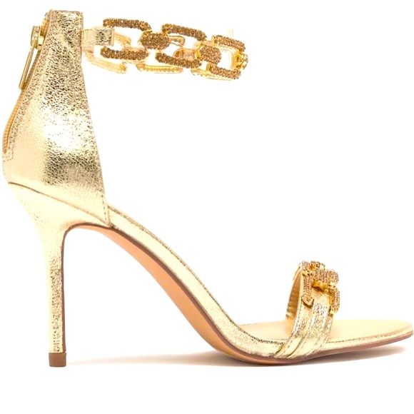 LAUREN LORRAINE GOLD RHINESTONES OPEN CHAIN ANKLE STRAP WOMEN SANDALS SIZE 5.5 M - Picture 1 of 13